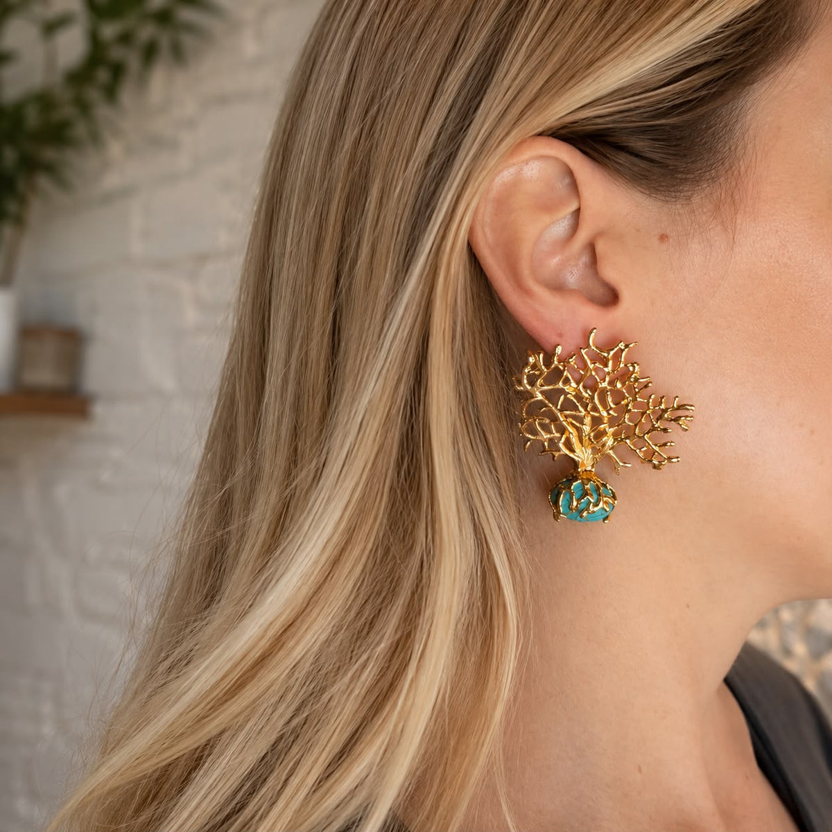 Roots of Serenity Natural Turquoise Tree of Life Gold Plated Earrings