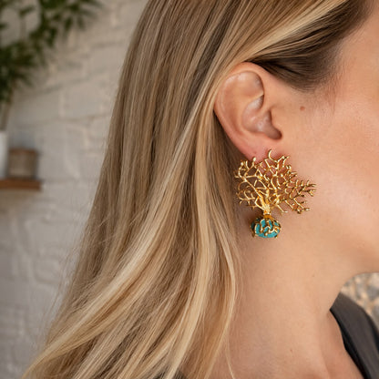 Roots of Serenity Natural Turquoise Tree of Life Gold Plated Earrings