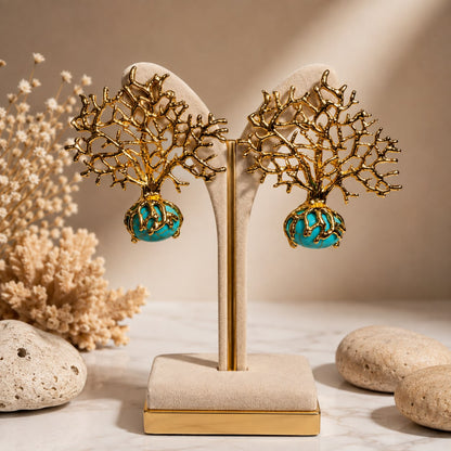 Roots of Serenity Natural Turquoise Tree of Life Gold Plated Earrings