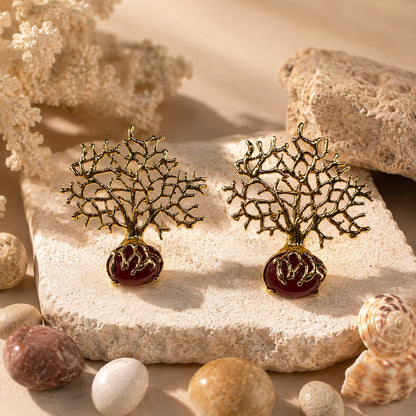 Roots of Vitality Natural Agate Tree of Life Gold Plated Earrings