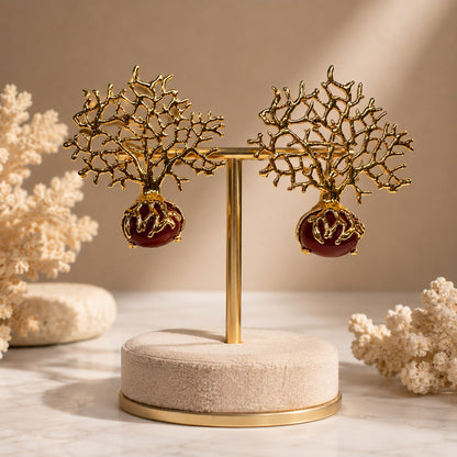 Roots of Vitality Natural Agate Tree of Life Gold Plated Earrings