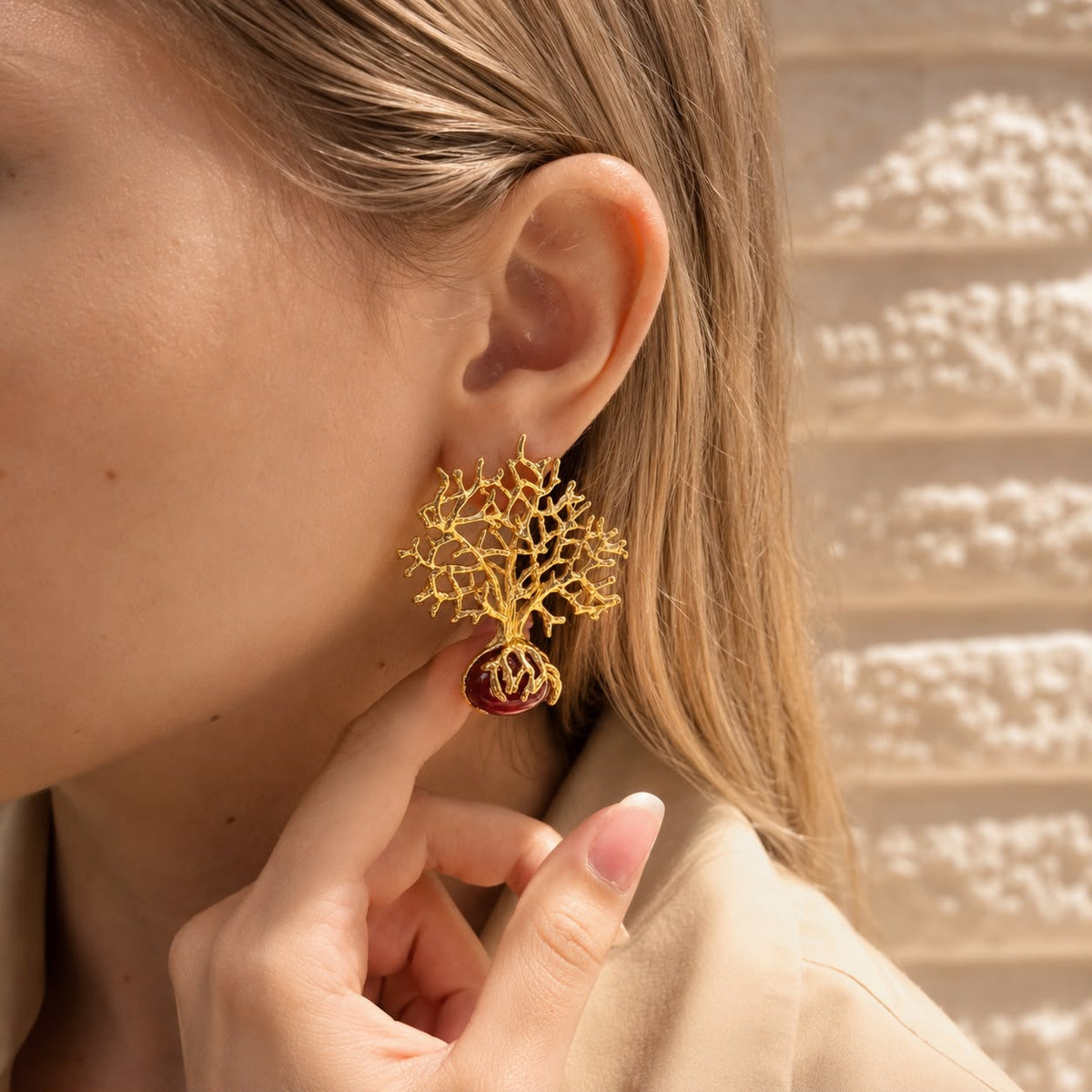 Roots of Vitality Natural Agate Tree of Life Gold Plated Earrings