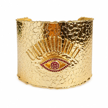 Divine Gaze Ruby Red Stone Evil Eye Gold Plated Statement Cuff Bracelet