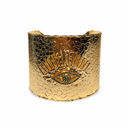 Divine Gaze Emerald Stone Evil Eye Gold Plated Statement Cuff Bracelet