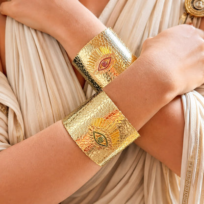 Divine Gaze Emerald Stone Evil Eye Gold Plated Statement Cuff Bracelet