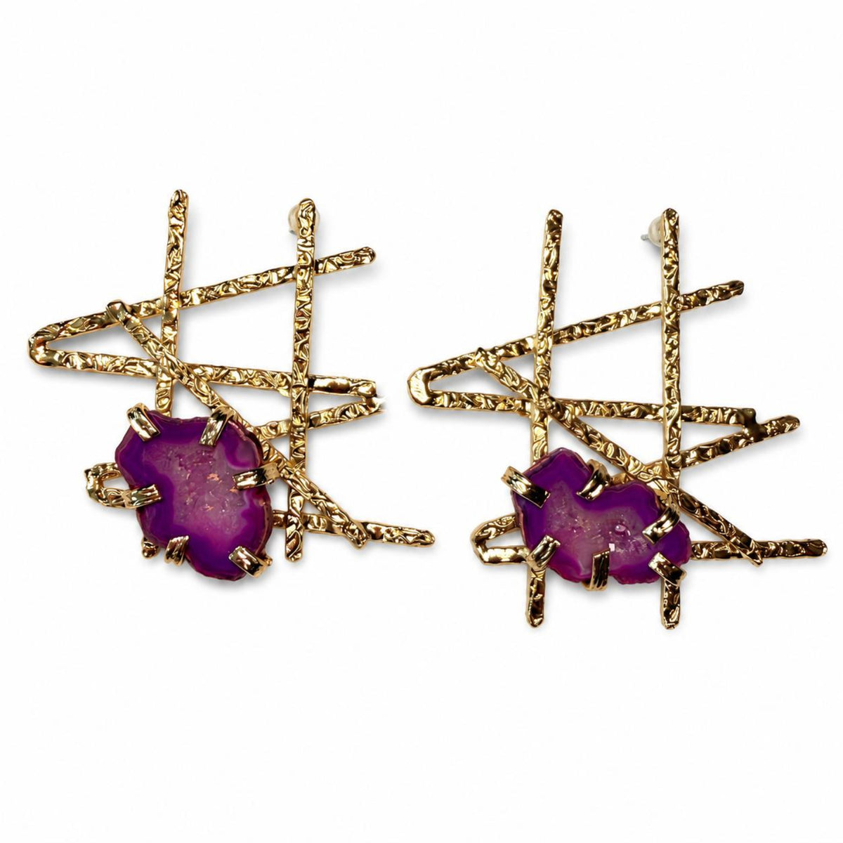 Sacred Lines Natural Pink Agate Gold Plated Statement Earrings