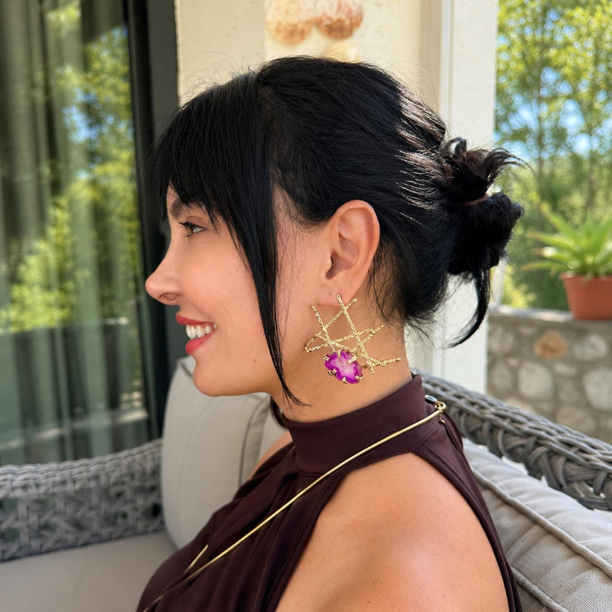 Sacred Lines Natural Pink Agate Gold Plated Statement Earrings