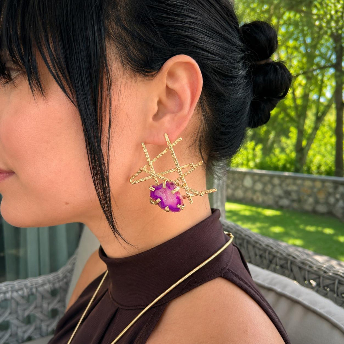Sacred Lines Natural Pink Agate Gold Plated Statement Earrings