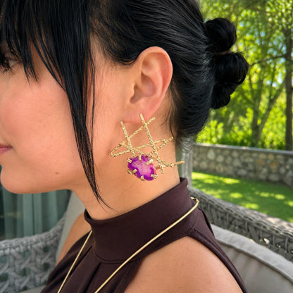 Sacred Lines Natural Pink Agate Gold Plated Statement Earrings