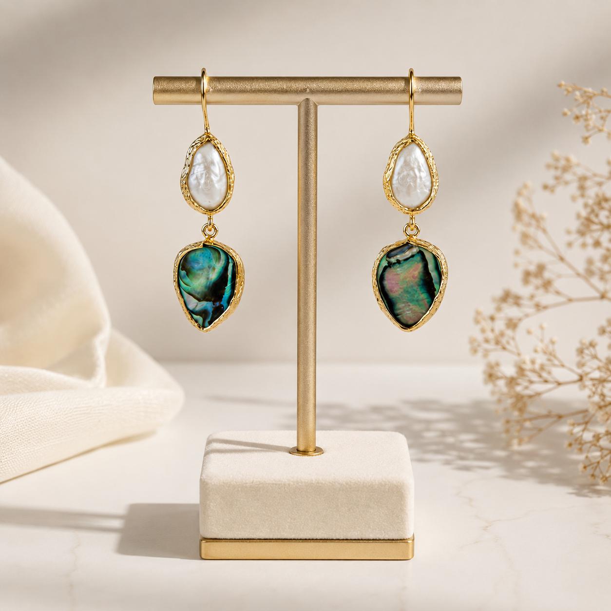 Ocean Muse Pearl & Iridescent Shell Gold Plated Drop Earrings