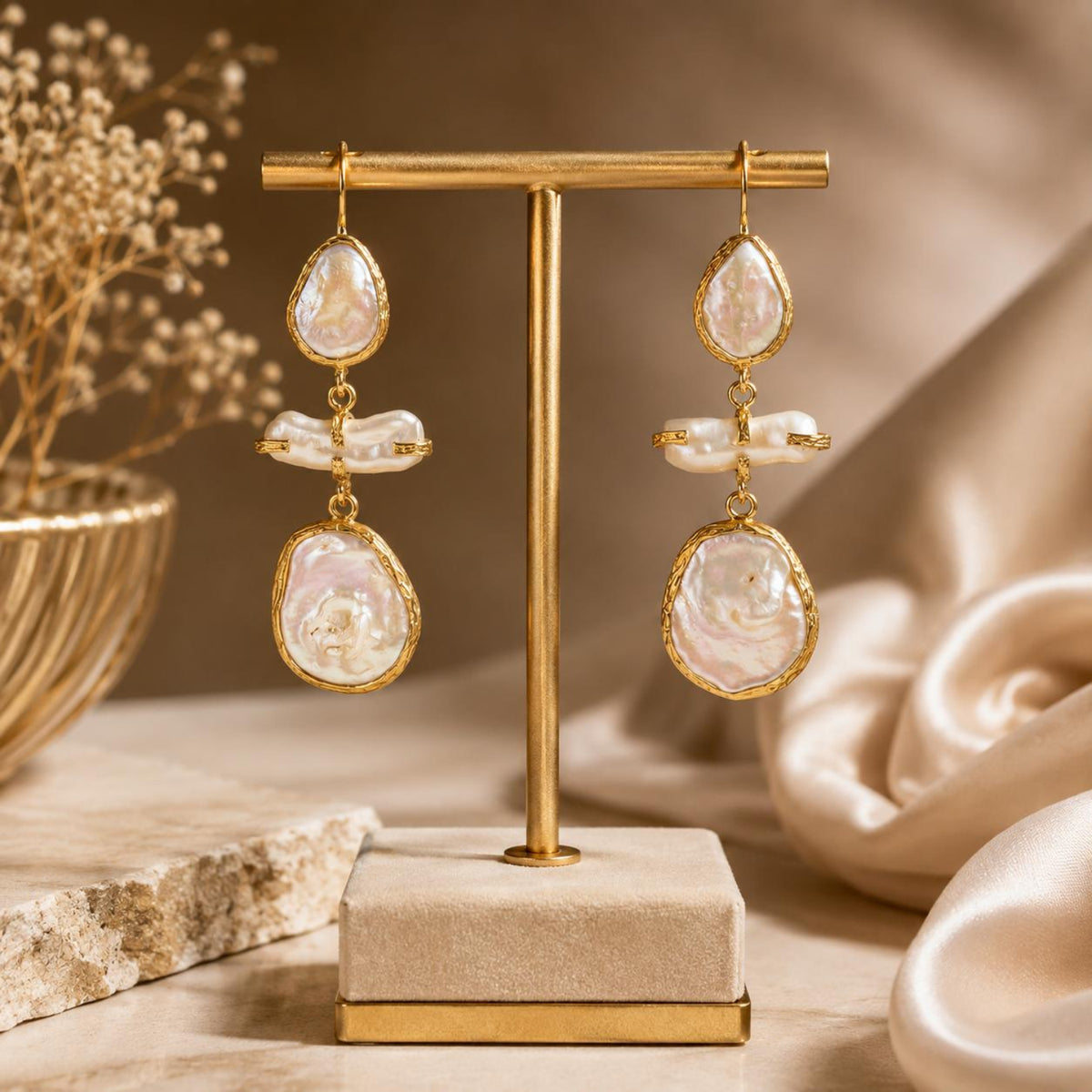 Cleopatra Baroque Pearl Gold Plated Statement Drop Earrings
