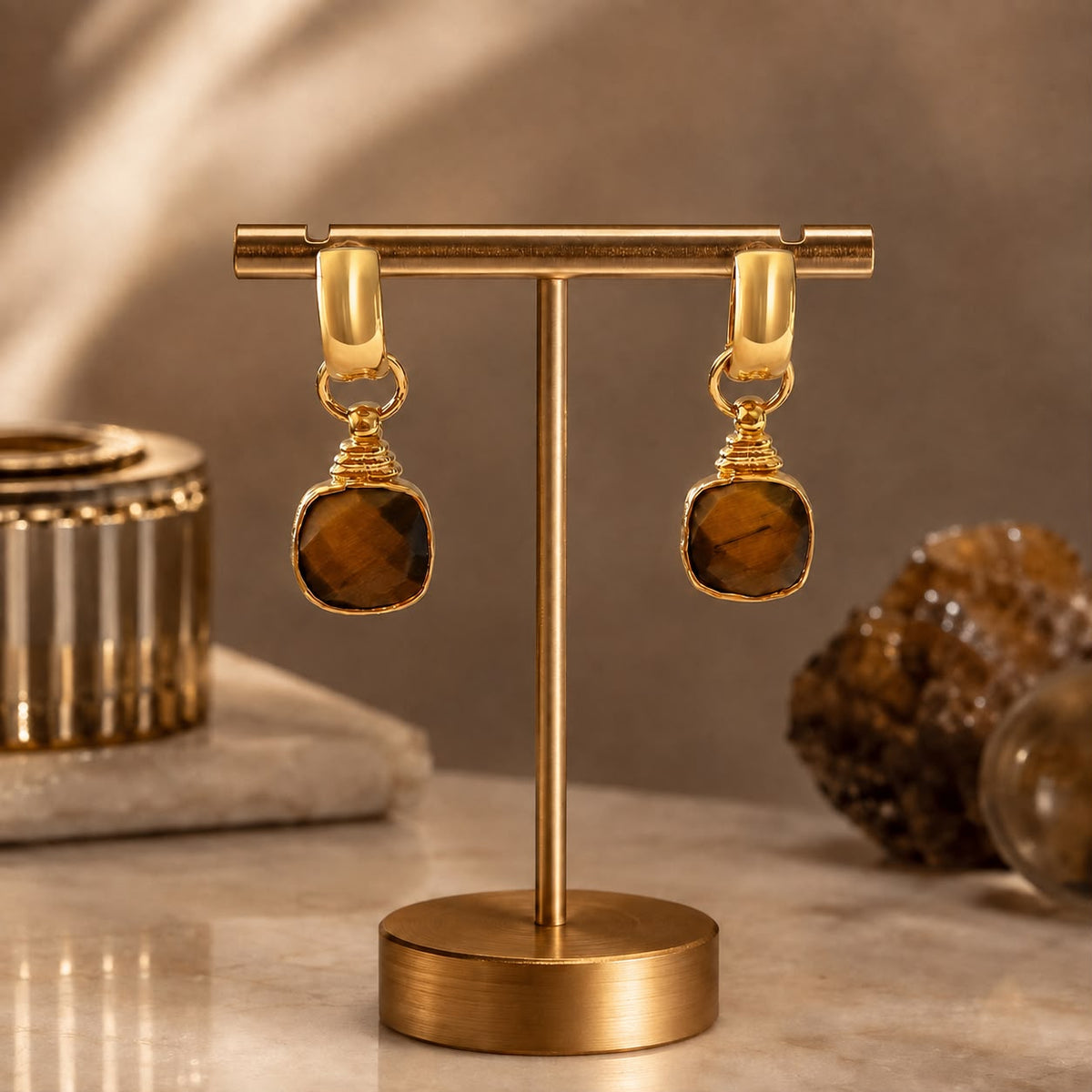 Golden Focus Natural Tiger’s Eye Gold Plated Drop Earrings
