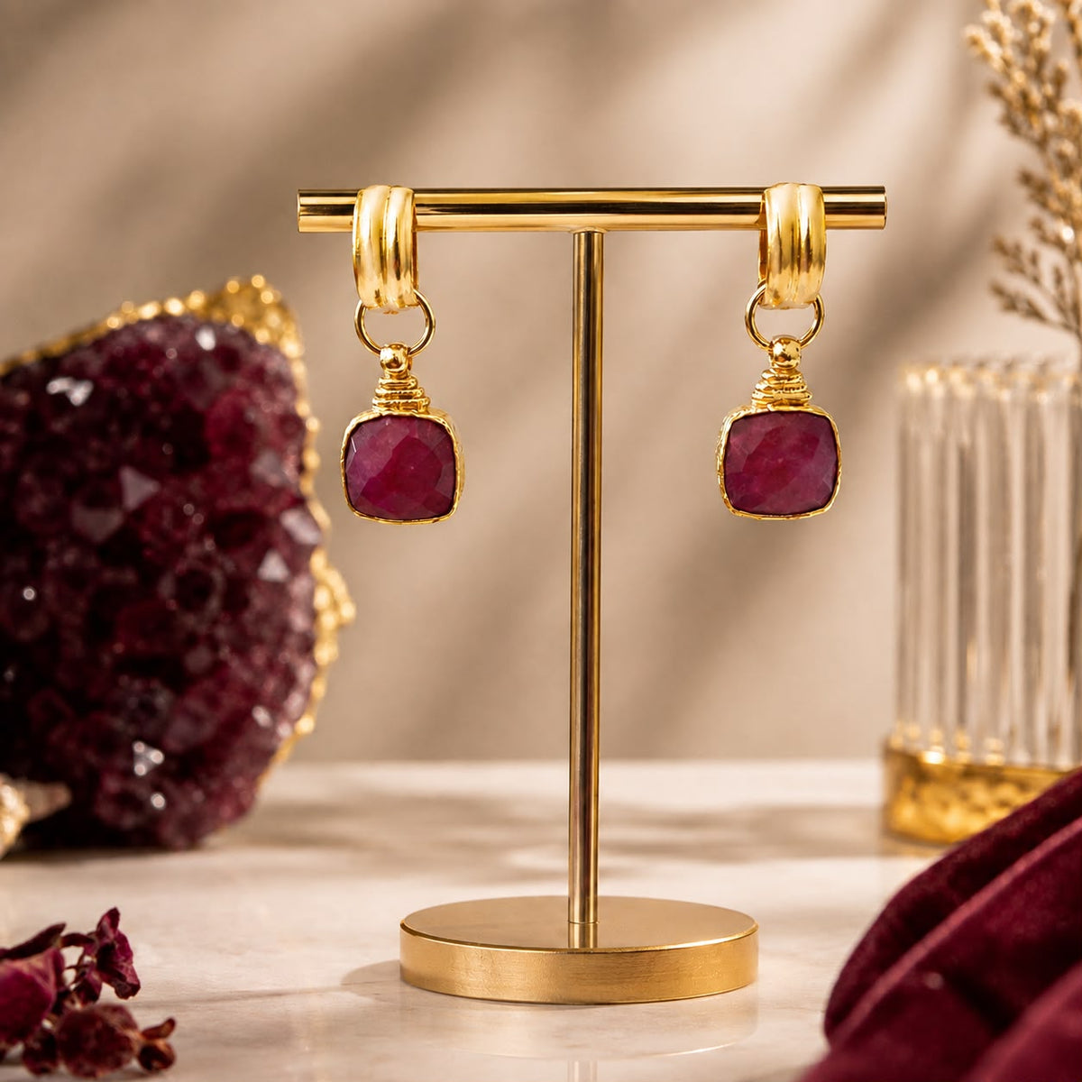 Crimson Reverie Ruby Tone Burgundy Stone Drop Earrings