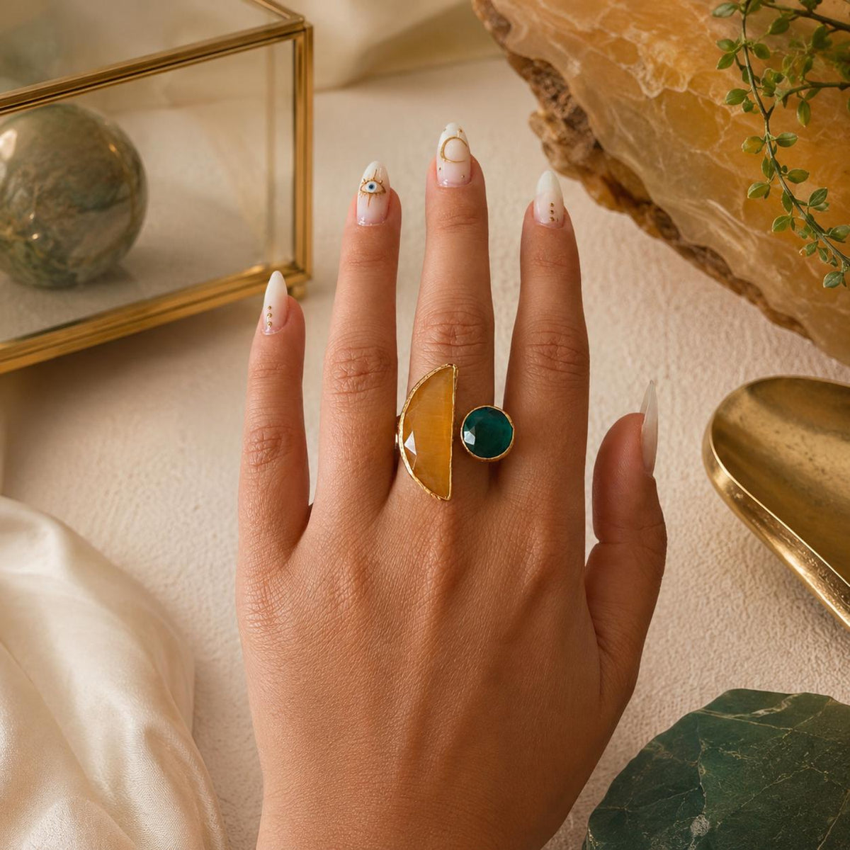 Golden Balance Honey Chalcedony & Green Onyx Gold Plated Adjustable Ring