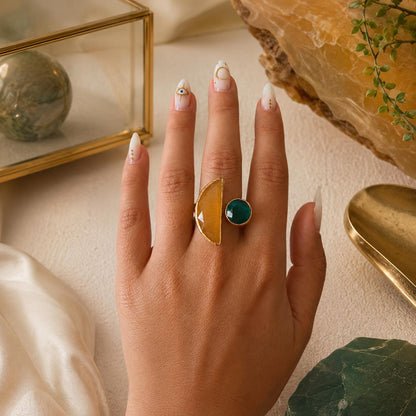 Golden Balance Honey Chalcedony & Green Onyx Gold Plated Adjustable Ring