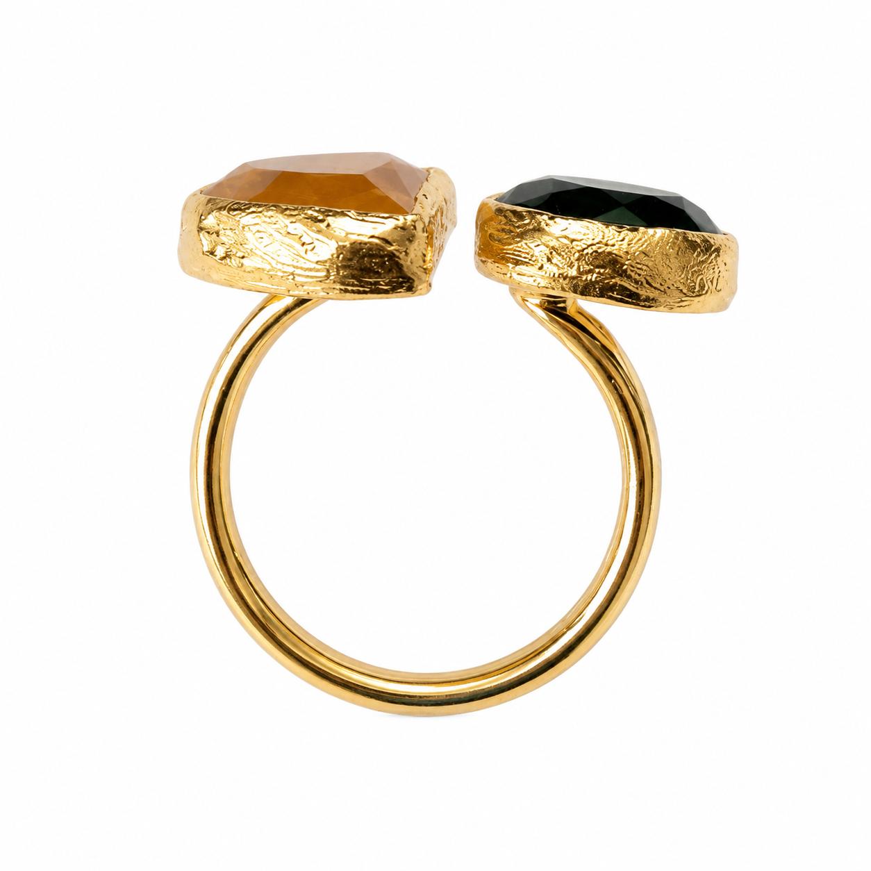 Golden Balance Honey Chalcedony & Green Onyx Gold Plated Adjustable Ring