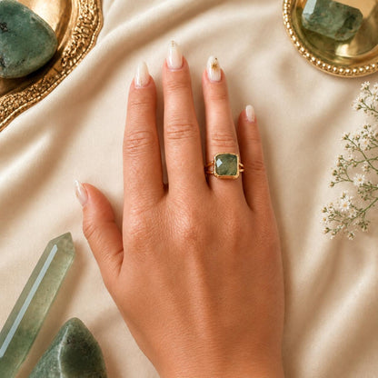 Natural Mystic Labradorite Gold Plated Adjustable Statement Ring