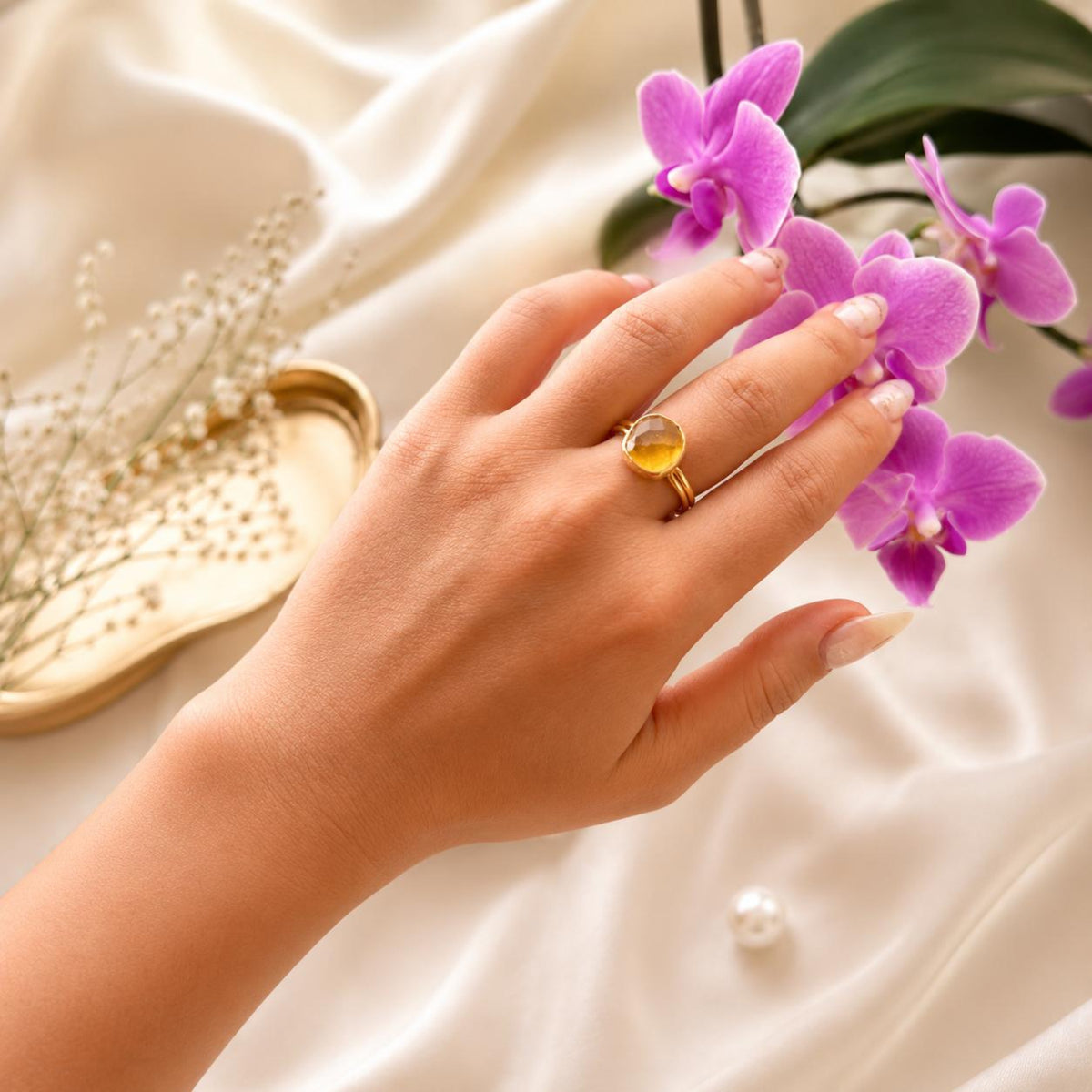 Natural Golden Citrine Gold Plated Adjustable Statement Ring
