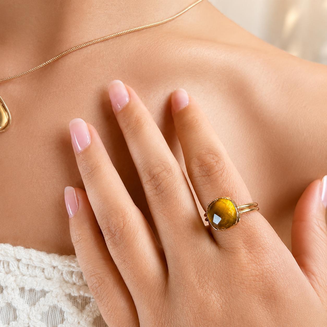 Natural Golden Citrine Gold Plated Adjustable Statement Ring