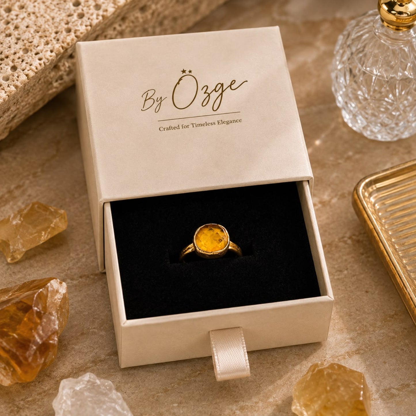 Natural Golden Citrine Gold Plated Adjustable Statement Ring