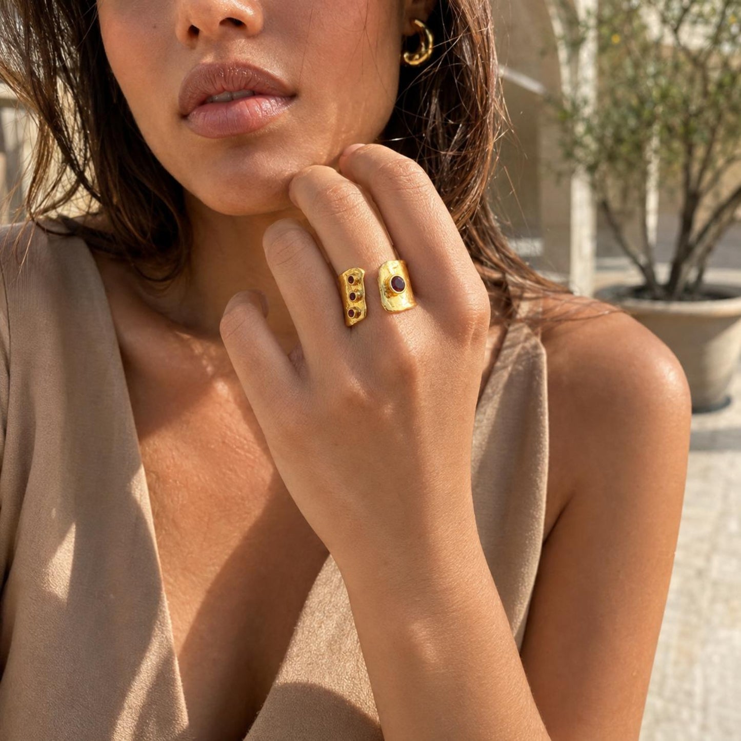 Mystic Egypt Ruby Gold Plated Adjustable Cuff Ring