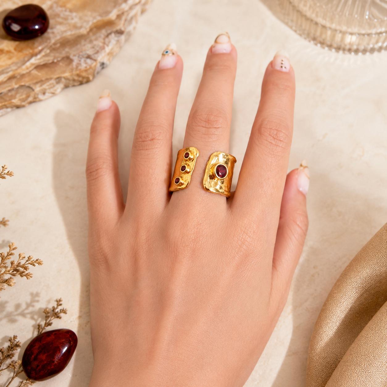 Mystic Egypt Ruby Gold Plated Adjustable Cuff Ring