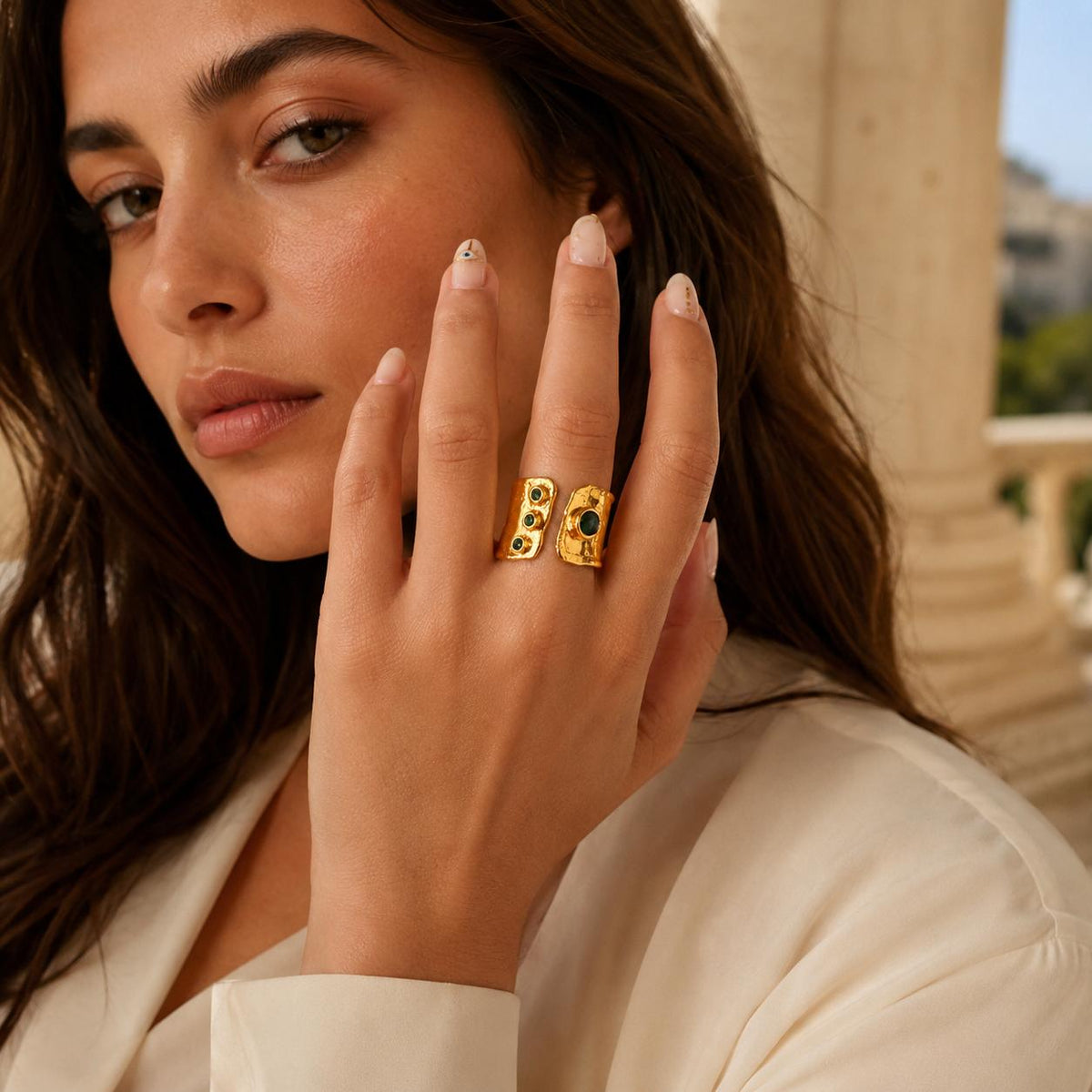 Mystic Egypt Emerald Gold Plated Adjustable Cuff Ring
