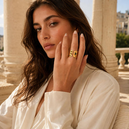 Mystic Egypt Emerald Gold Plated Adjustable Cuff Ring