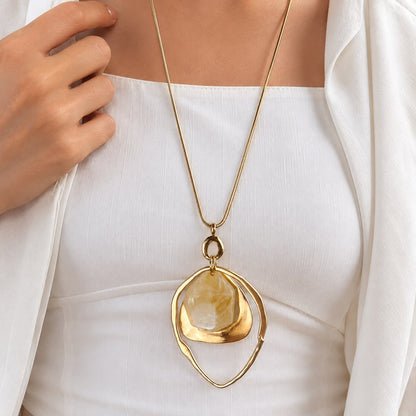 Mother of Pearl Gold Plated Long Sculptural Statement Pendant Necklace