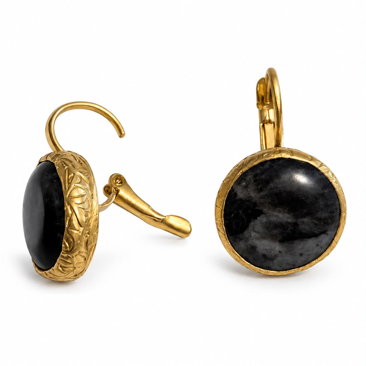 Mystic Shadow Black Labradorite & Gold Plated Brass Drop Earrings