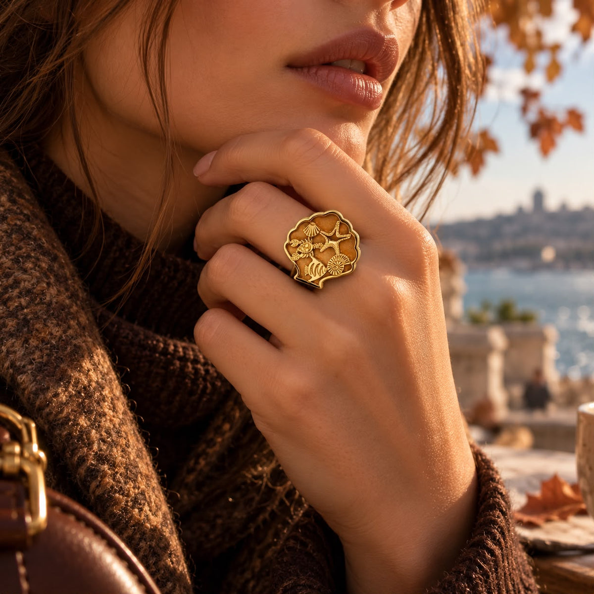 Bosphorus Sea Treasures Gold Tone Adjustable Statement Ring