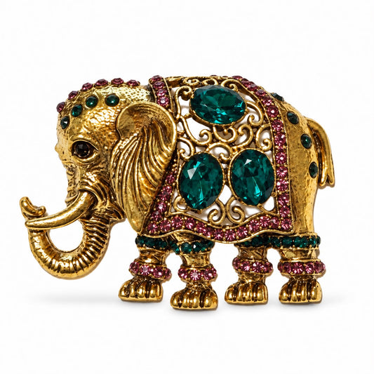 Emerald Majesty Crystal Elephant Gold-Tone Statement Brooch