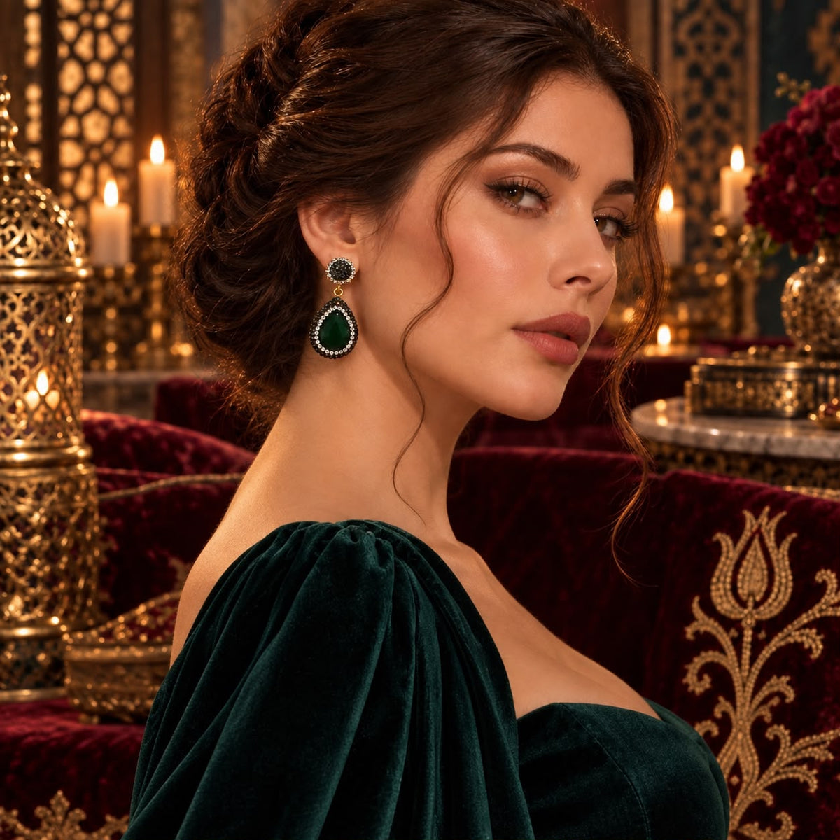 Hürrem Palace Emerald-Effect Hand Embellished Ottoman-Inspired Drop Earrings