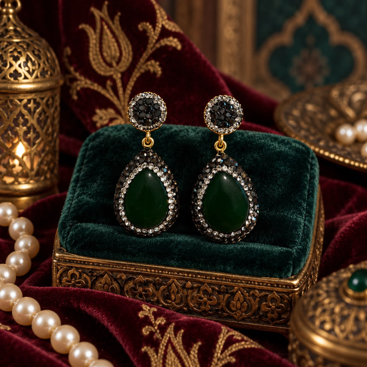 Hürrem Palace Emerald-Effect Hand Embellished Ottoman-Inspired Drop Earrings