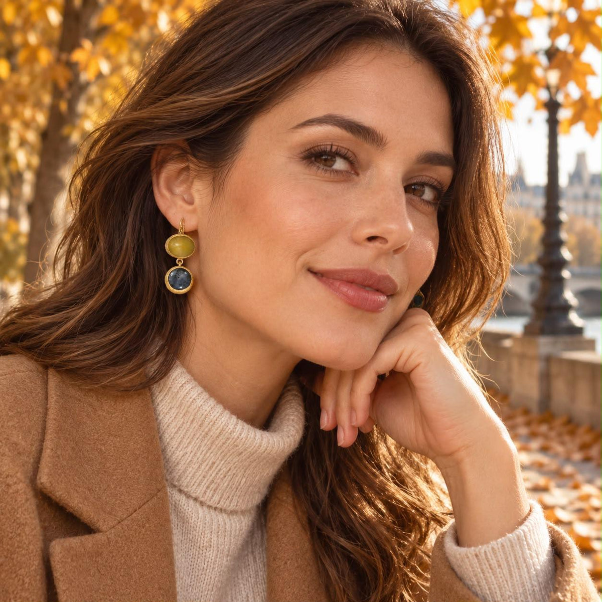 Golden Earth & Midnight Sky Natural Stone Brass-Plated Drop Earrings