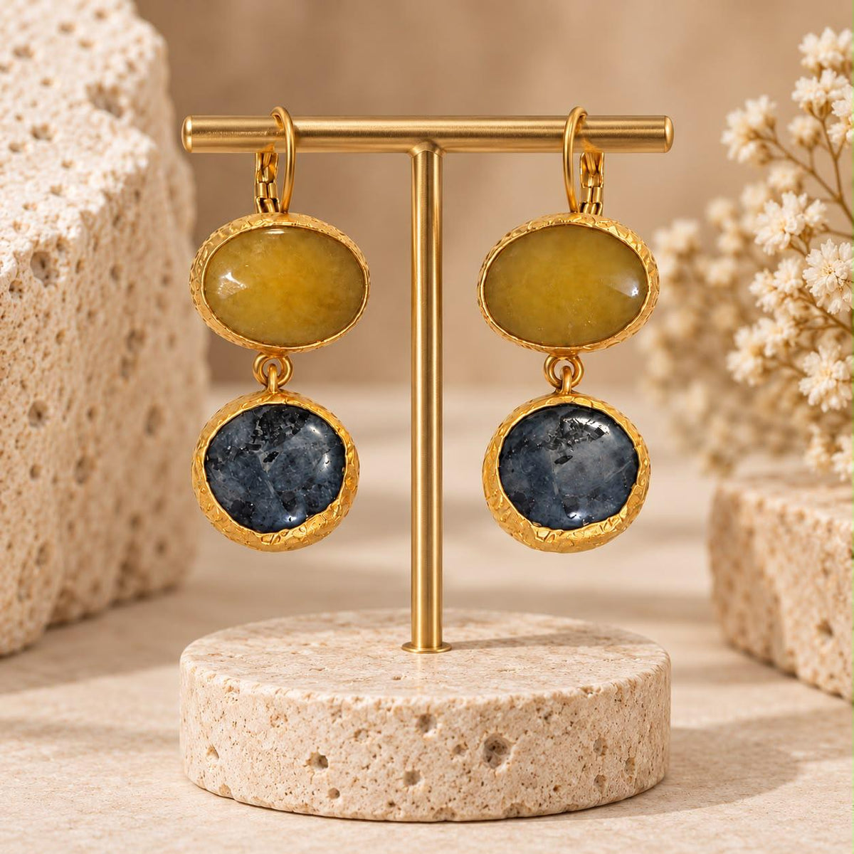Golden Earth & Midnight Sky Natural Stone Brass-Plated Drop Earrings