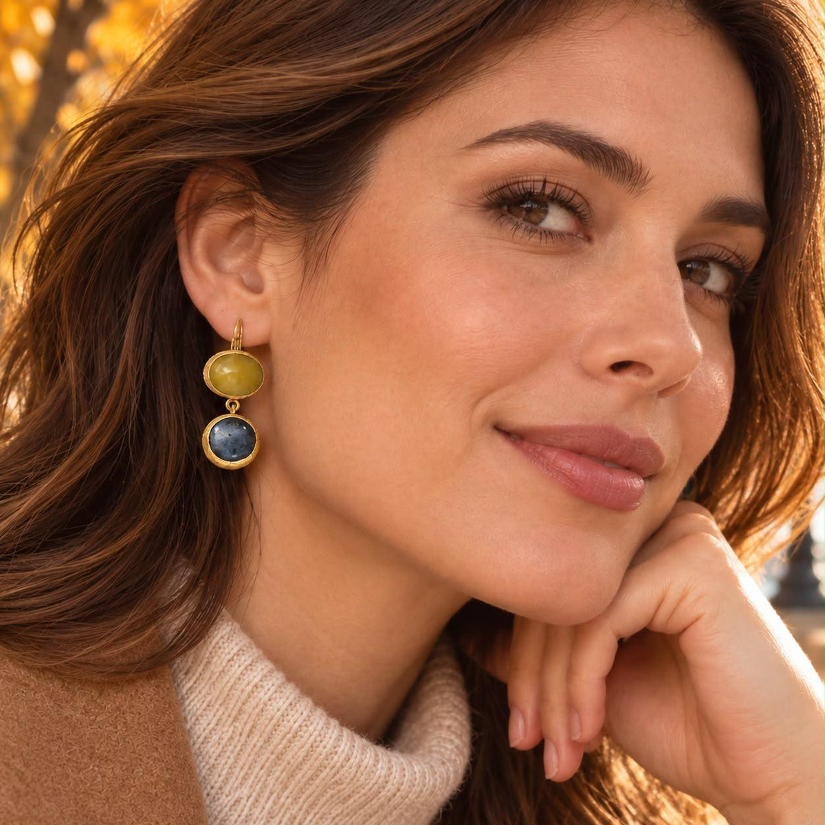 Golden Earth & Midnight Sky Natural Stone Brass-Plated Drop Earrings
