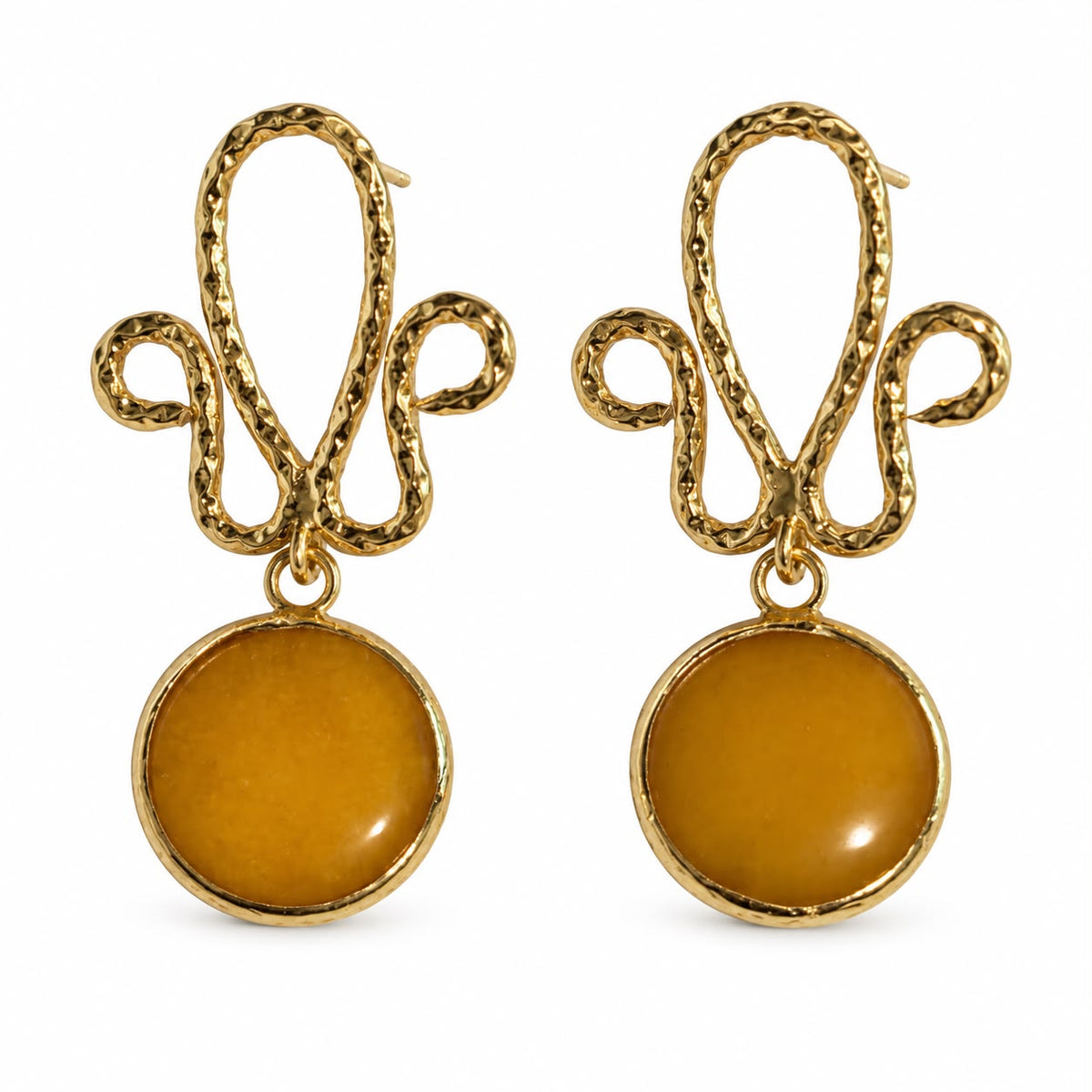 Golden Spirit Mustard Natural Stone Sculptural Brass Drop Earrings