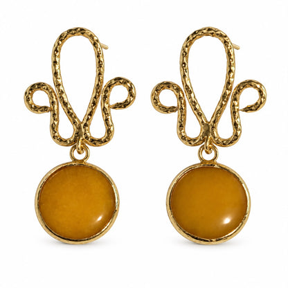 Golden Spirit Mustard Natural Stone Sculptural Brass Drop Earrings