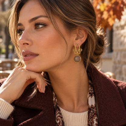 Earth Harmony Taupe Natural Stone Sculptural Brass Drop Earrings