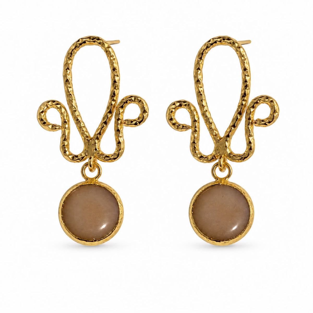 Earth Harmony Taupe Natural Stone Sculptural Brass Drop Earrings