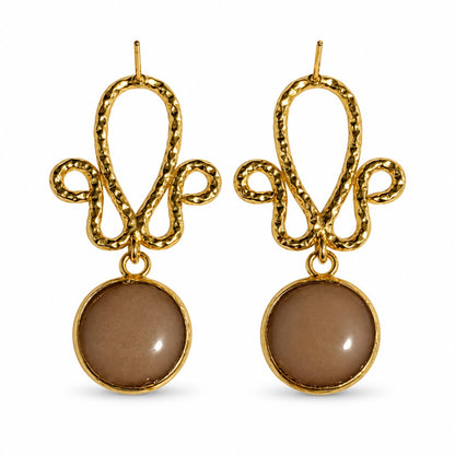 Earth Harmony Taupe Natural Stone Sculptural Brass Drop Earrings