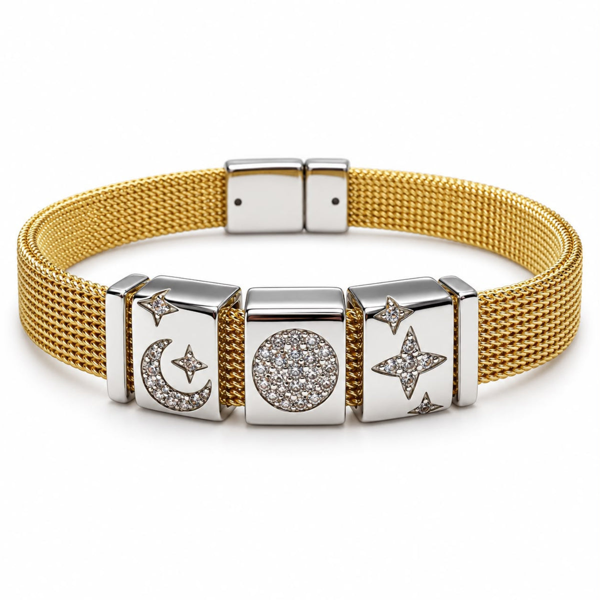 Celestial Motion Gold Plated Moon & Star Charm Zircon Bracelet