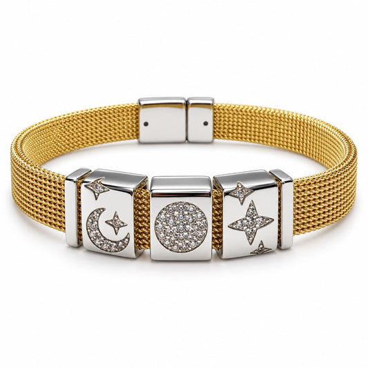 Celestial Motion Gold Plated Moon & Star Charm Zircon Bracelet