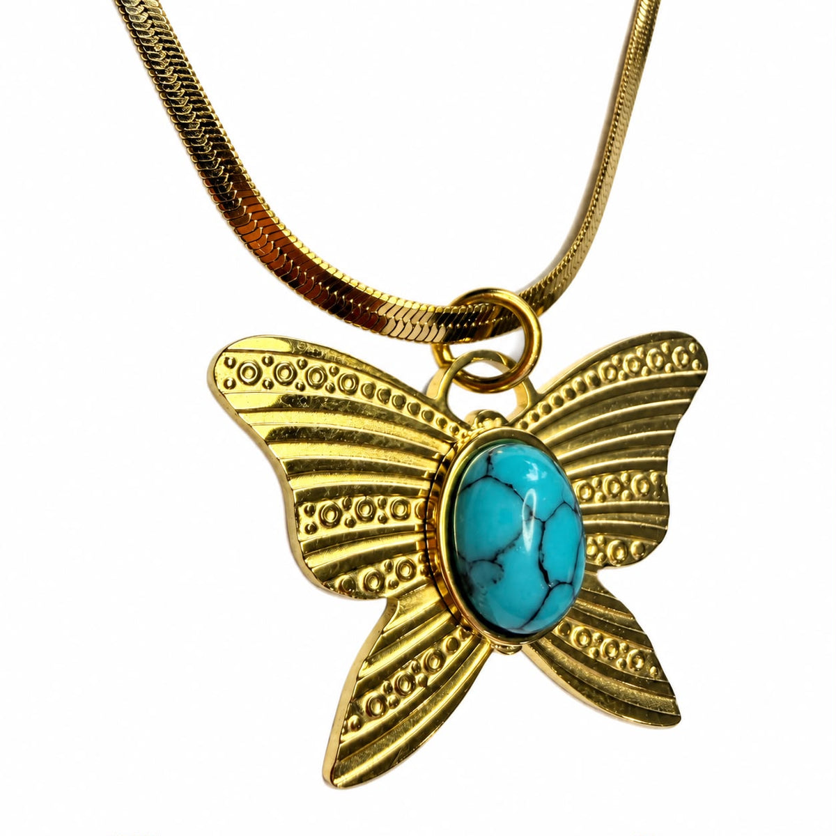 Turquoise Transformation Butterfly Gold Plated Steel Herringbone Necklace