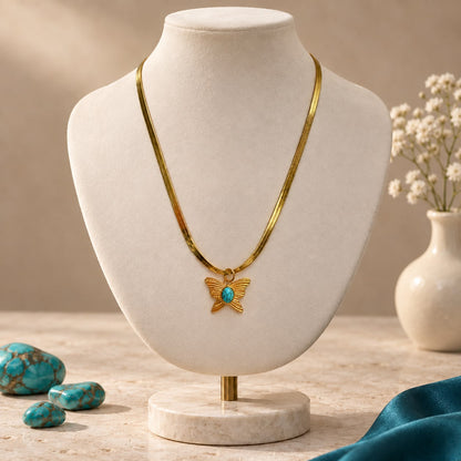 Turquoise Transformation Butterfly Gold Plated Steel Herringbone Necklace