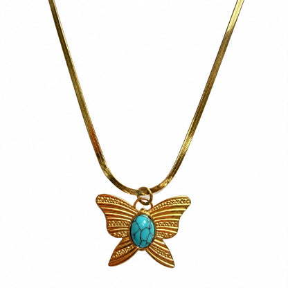 Turquoise Transformation Butterfly Gold Plated Steel Herringbone Necklace