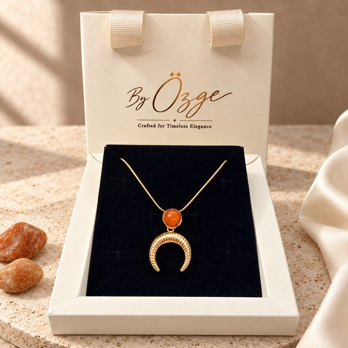 Solar Intuition Carnelian Effect Crescent Moon Gold Plated Stainless Steel Necklace