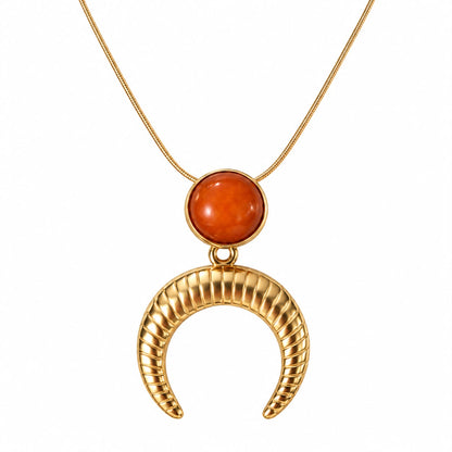 Solar Intuition Carnelian Effect Crescent Moon Gold Plated Stainless Steel Necklace