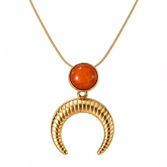 Solar Intuition Carnelian Effect Crescent Moon Gold Plated Stainless Steel Necklace